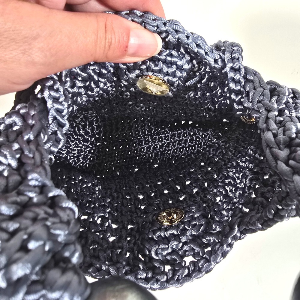 Arte & Tejido Mini Tote Metallic Blue Crochet Bead Handle Handbag Boho Vacation - Picture 5 of 9